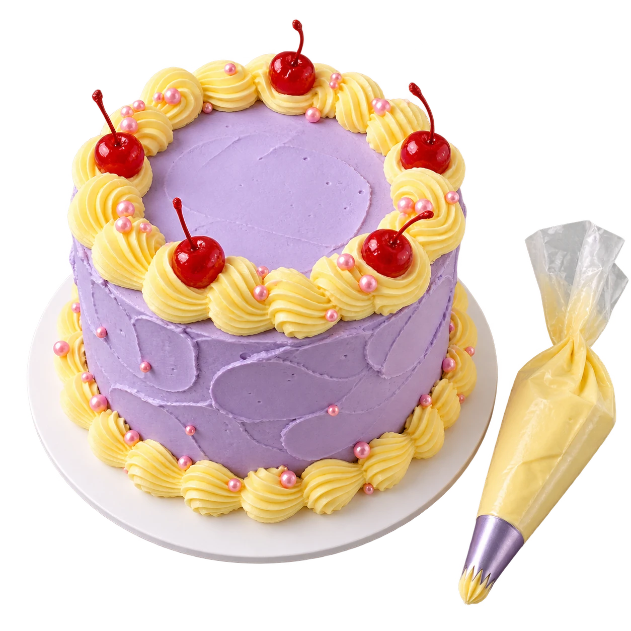 Lavender cake with yellow piping, cherries, and a piping bag