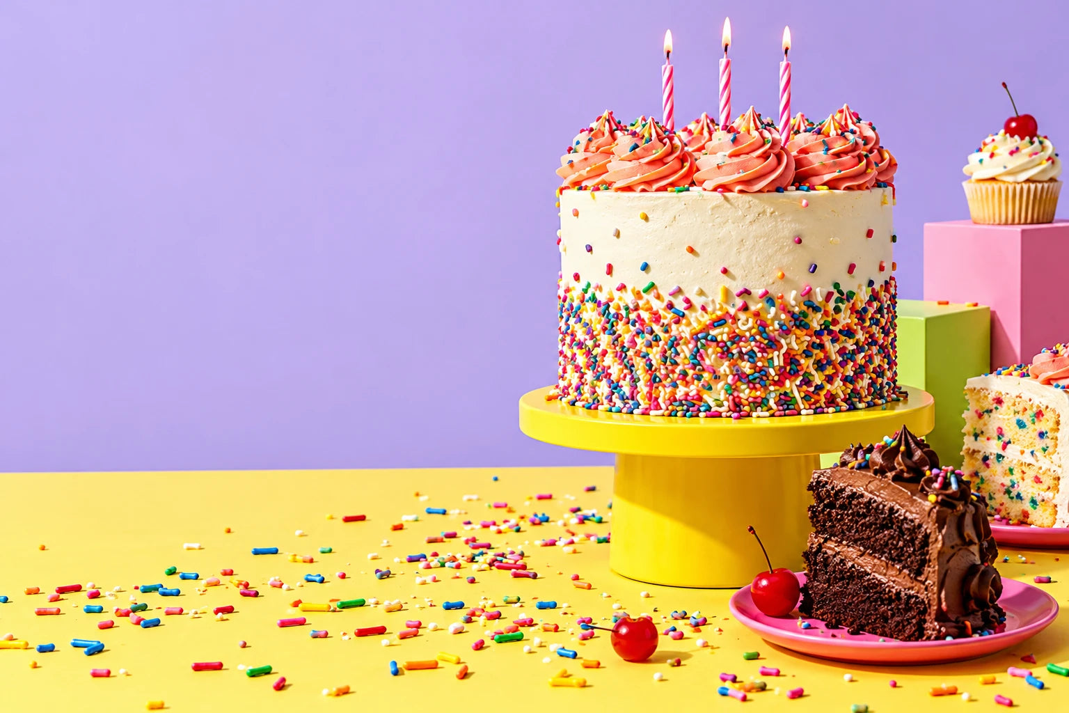 Sprinkle birthday cake with chocolate and vanilla slices