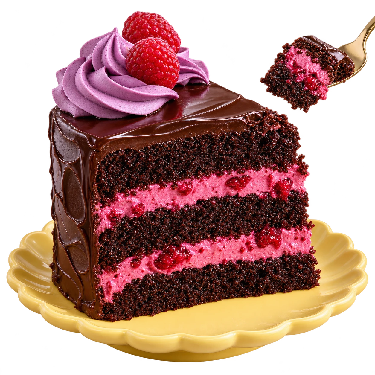 Chocolate raspberry cake slice on a yellow scalloped plate